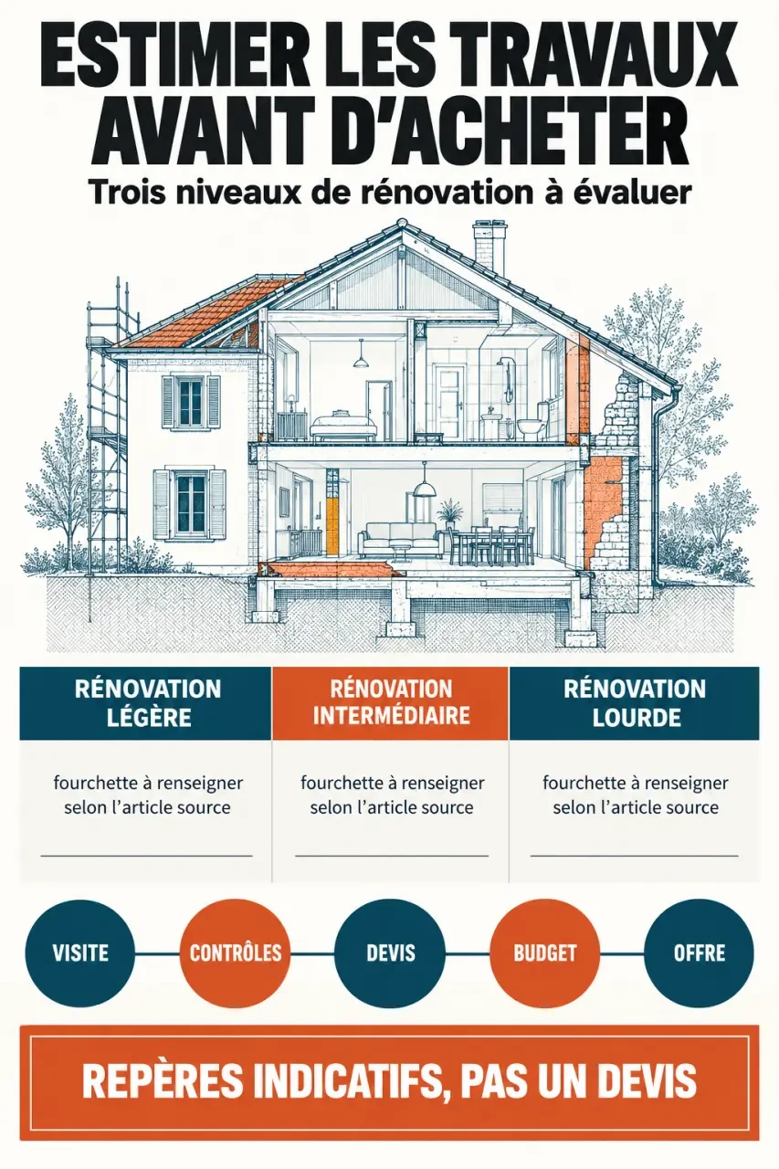 Infographie sur l'estimation travaux maison avant achat selon trois niveaux de rénovation