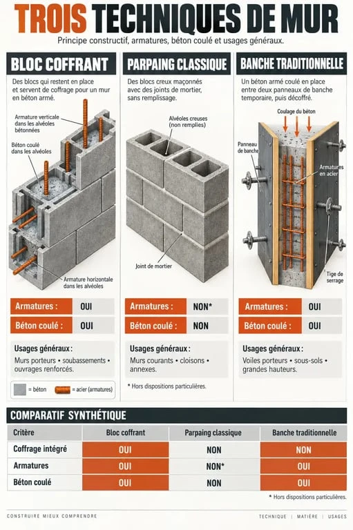 Comparaison entre agglo coffrant, parpaing classique et banche traditionnelle