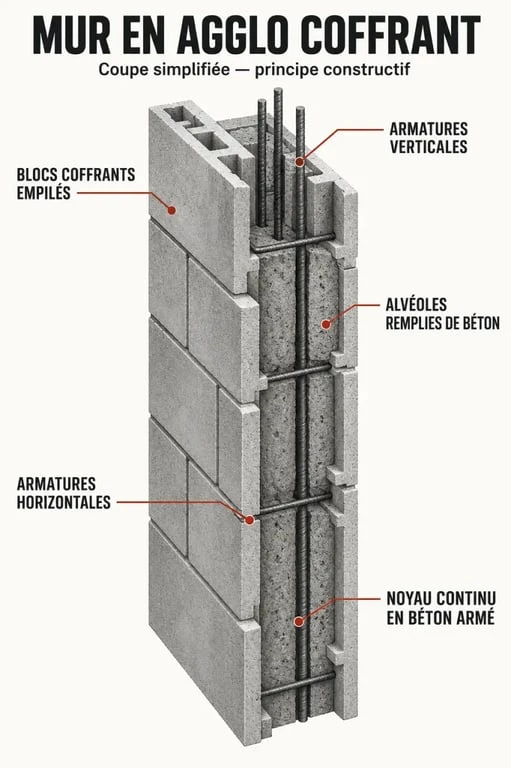 Schéma de fonctionnement d’un agglo coffrant avec armatures et béton coulé
