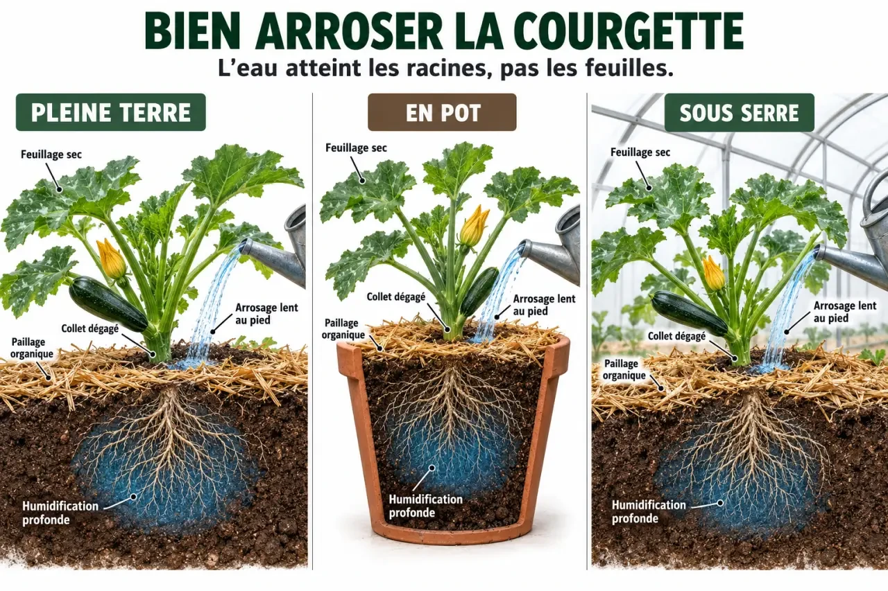 Infographie sur l’arrosage d’une courgette au pied, le paillage et l’humidification des racines