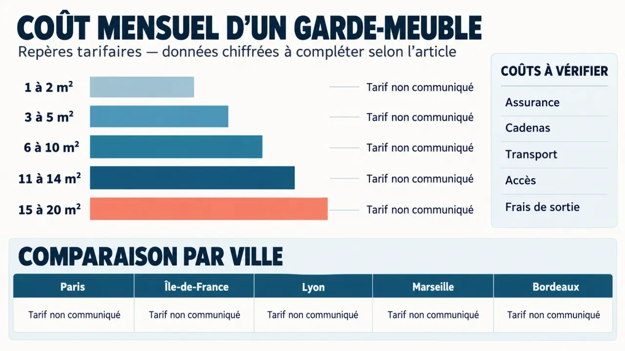 Infographie sur combien coûte un garde meuble par mois selon la surface et la ville