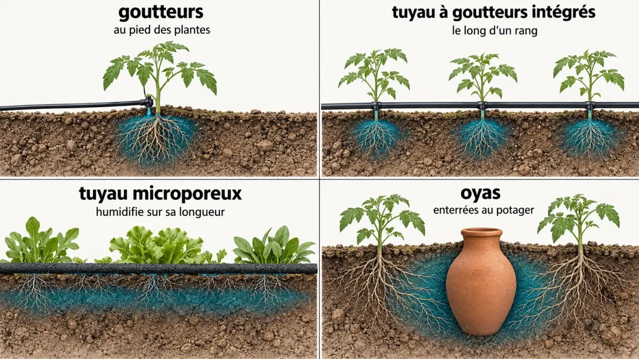 Infographie goutte à goutte jardinage comparant goutteurs, tuyau microporeux et oyas