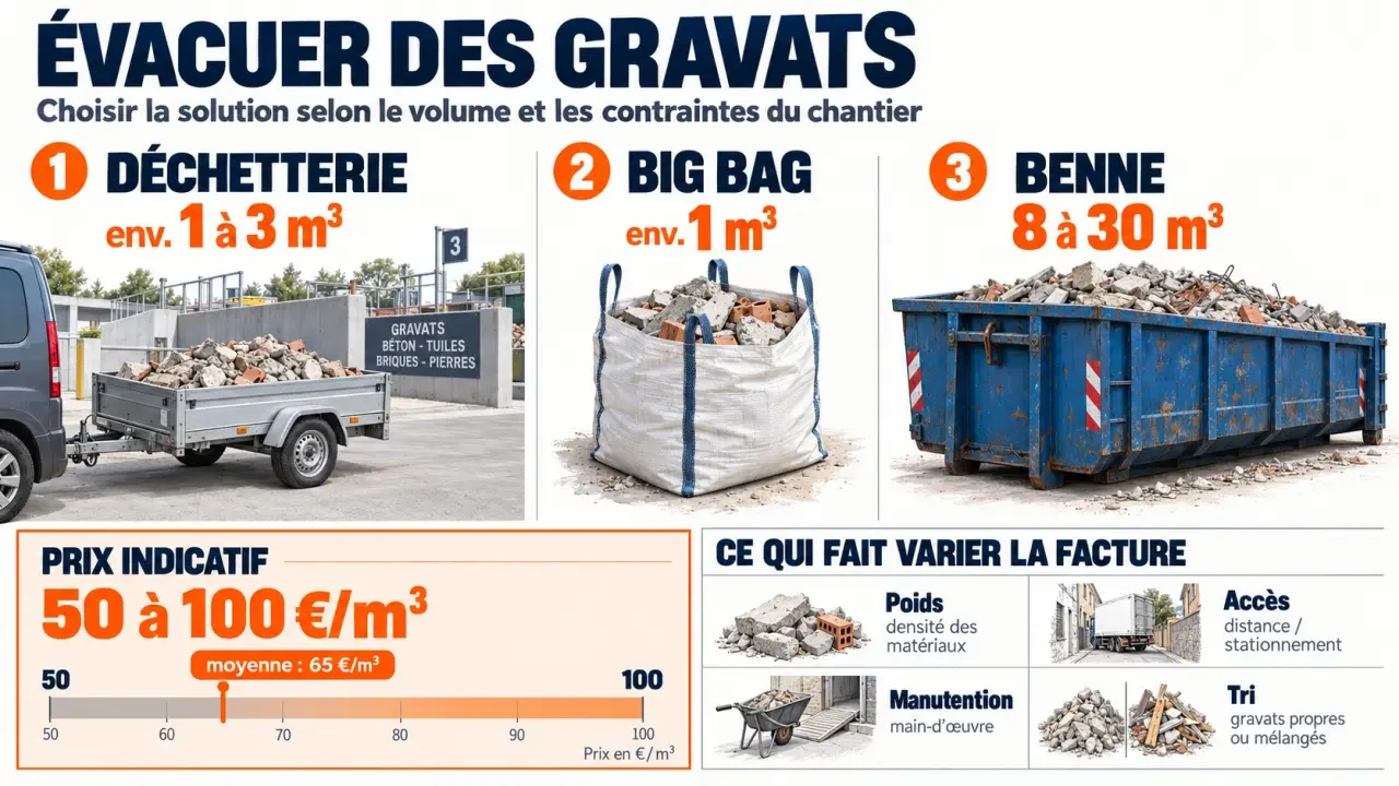 Évacuation gravats : solutions, volumes et prix indicatifs selon le chantier