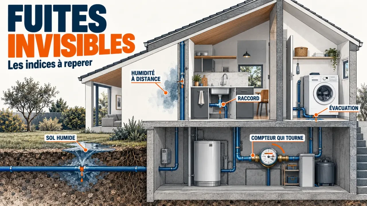 Fuite canalisation : schéma des signes permettant de distinguer une fuite visible, encastrée, enterrée ou sur une évacuation