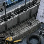 Ferraillage mur banché : attentes en acier et treillis sur chantier