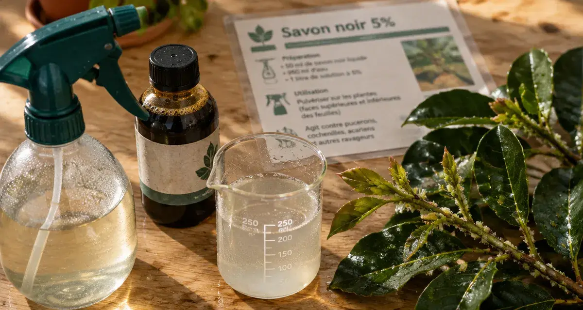 Savon noir pucerons : pulvérisateur et solution, feuilles sans brûlure