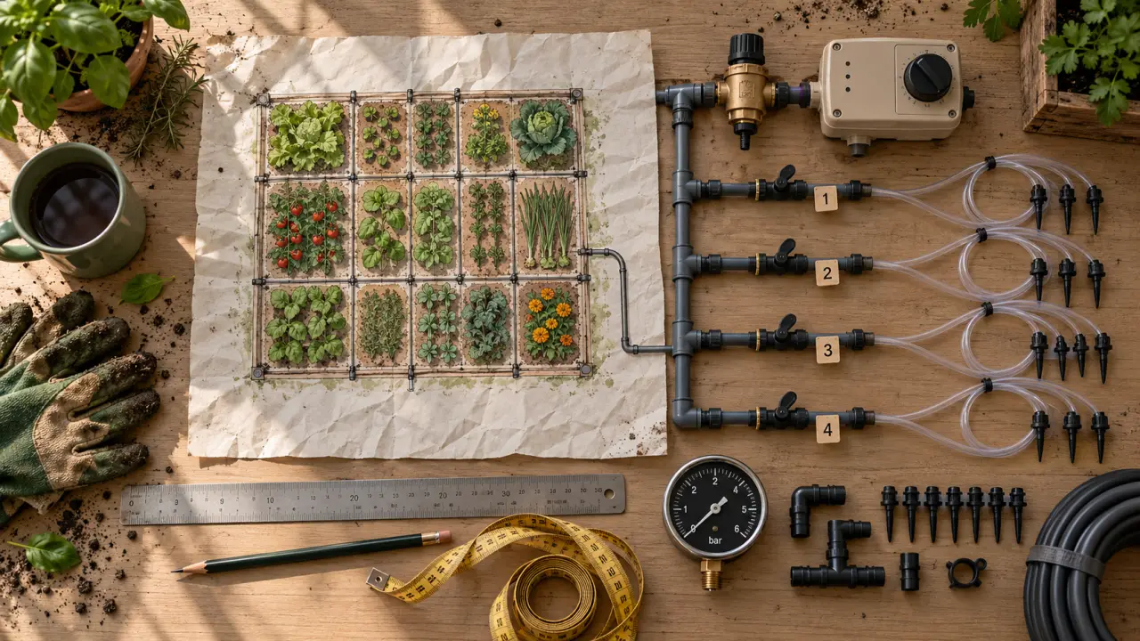 Schéma arrosage automatique goutte goutte : plan robinet et dernier goutteur